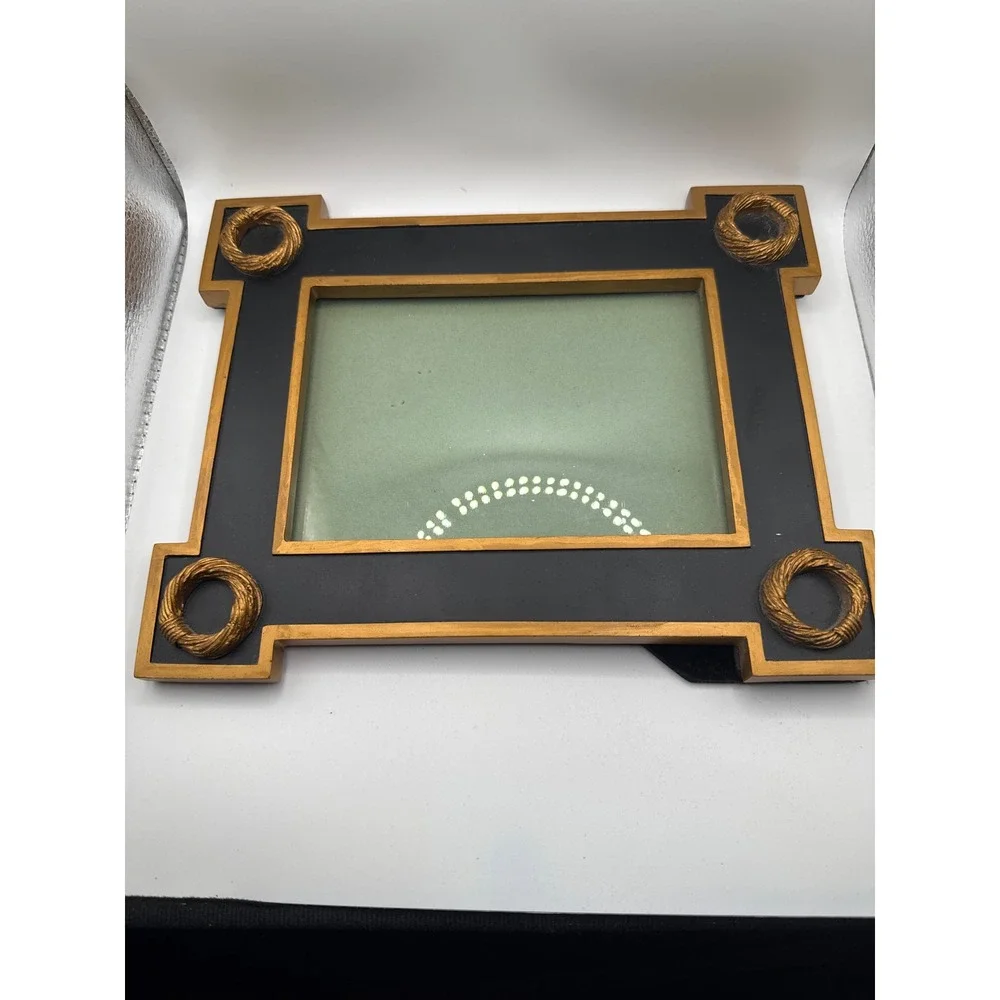 Vintage Black and Gold Regency Style Picture Frame with Rope Corner Accents